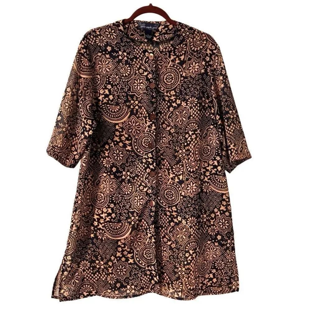 Susan Graver Style L Topper Duster Top Dress Navy Tan wooden Button Front